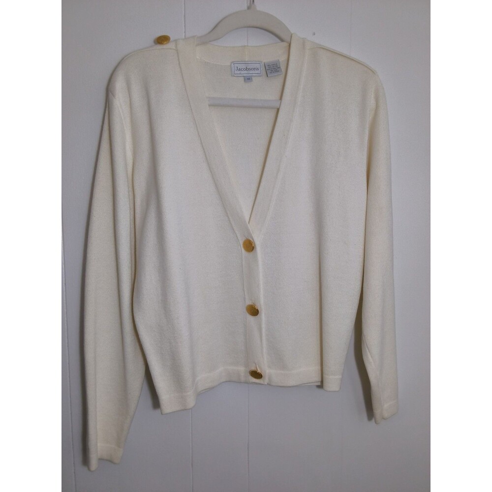 Vintage Jacobson's White Cardigan Size M Open Weave Preppy Pockets